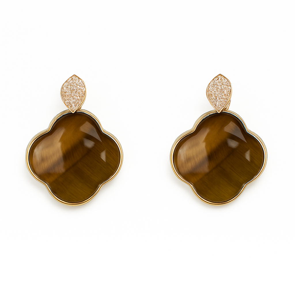 Diamond earrings, cross pendant, 9K yellow gold, Tiger's Eye stone