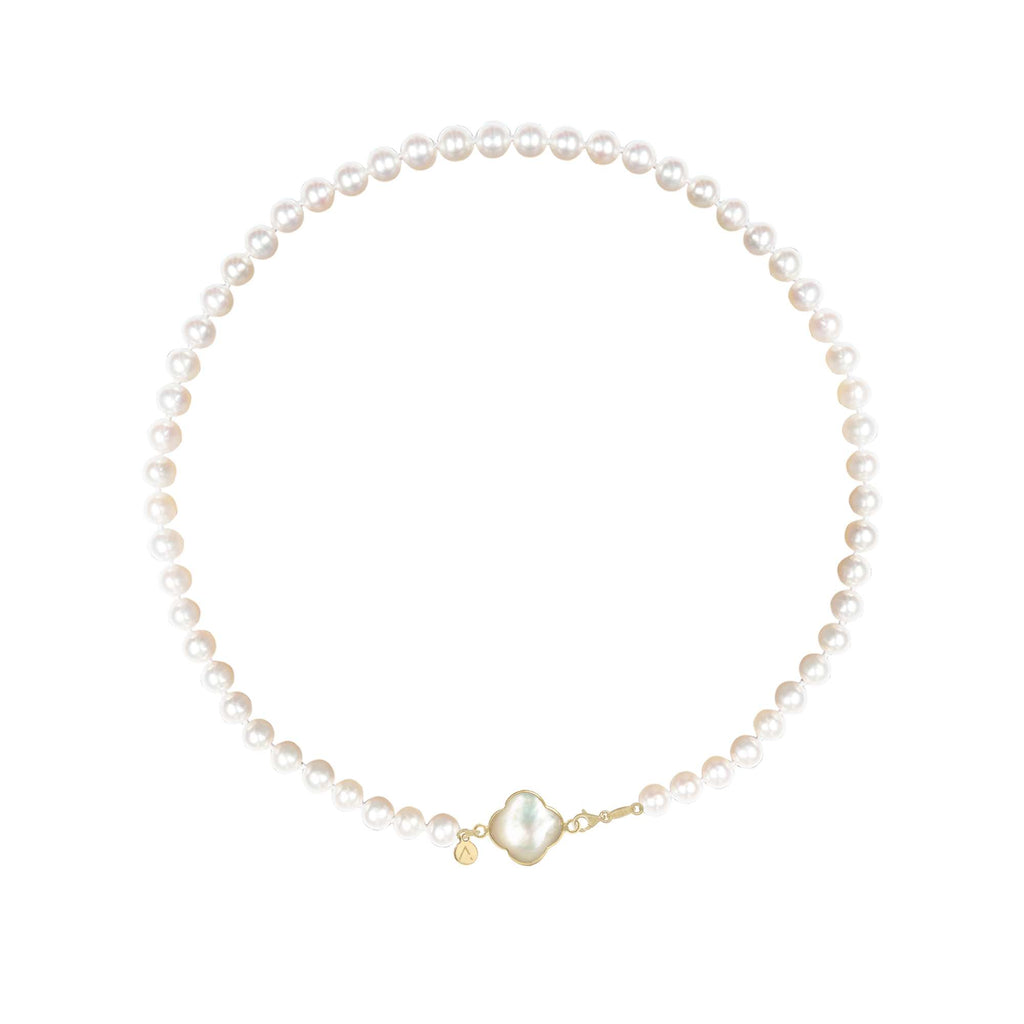 Short eco pearl necklace, cross pendant, 9K yellow gold, Madre Perla stone