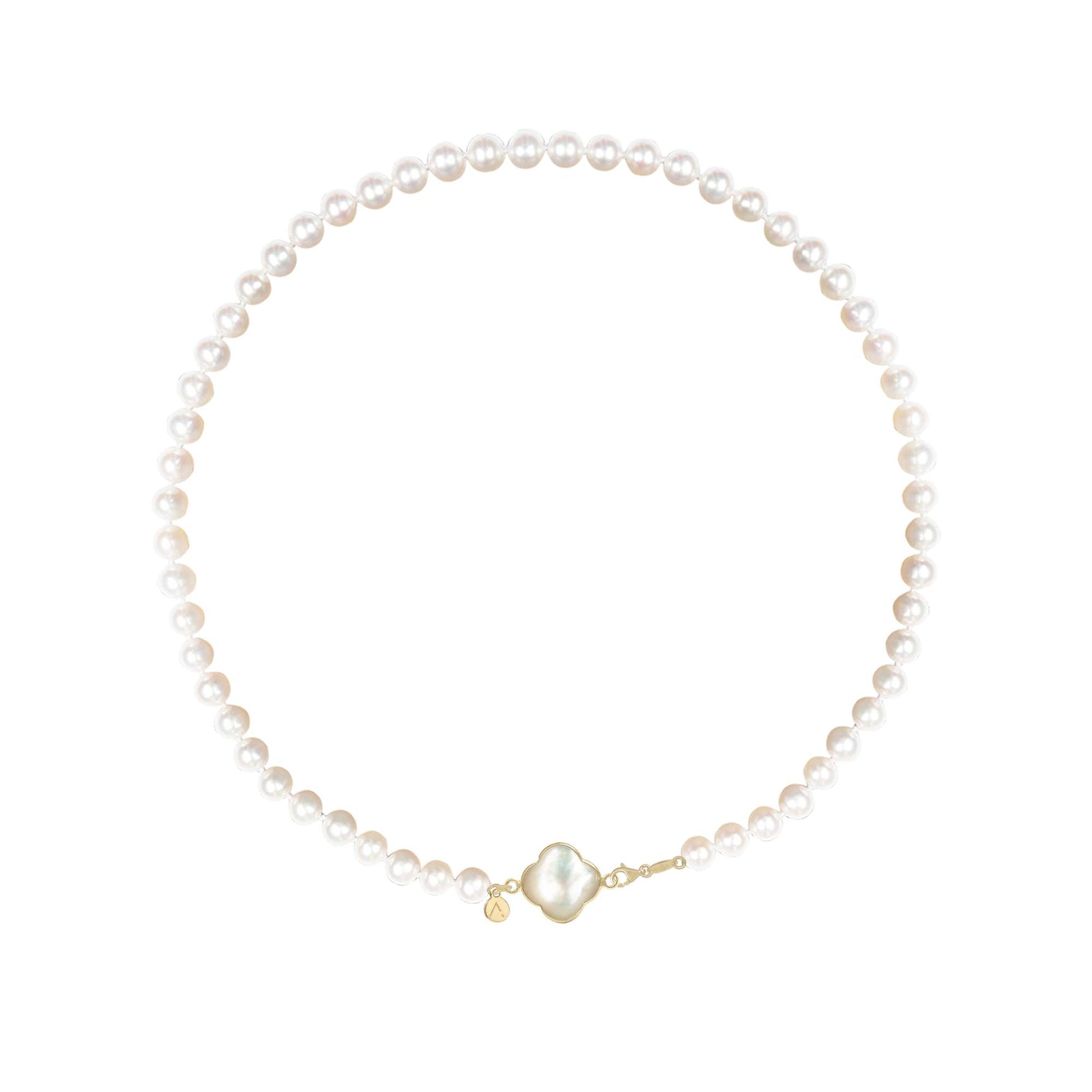 Short eco pearl necklace, cross pendant, 9K yellow gold, Madre Perla stone