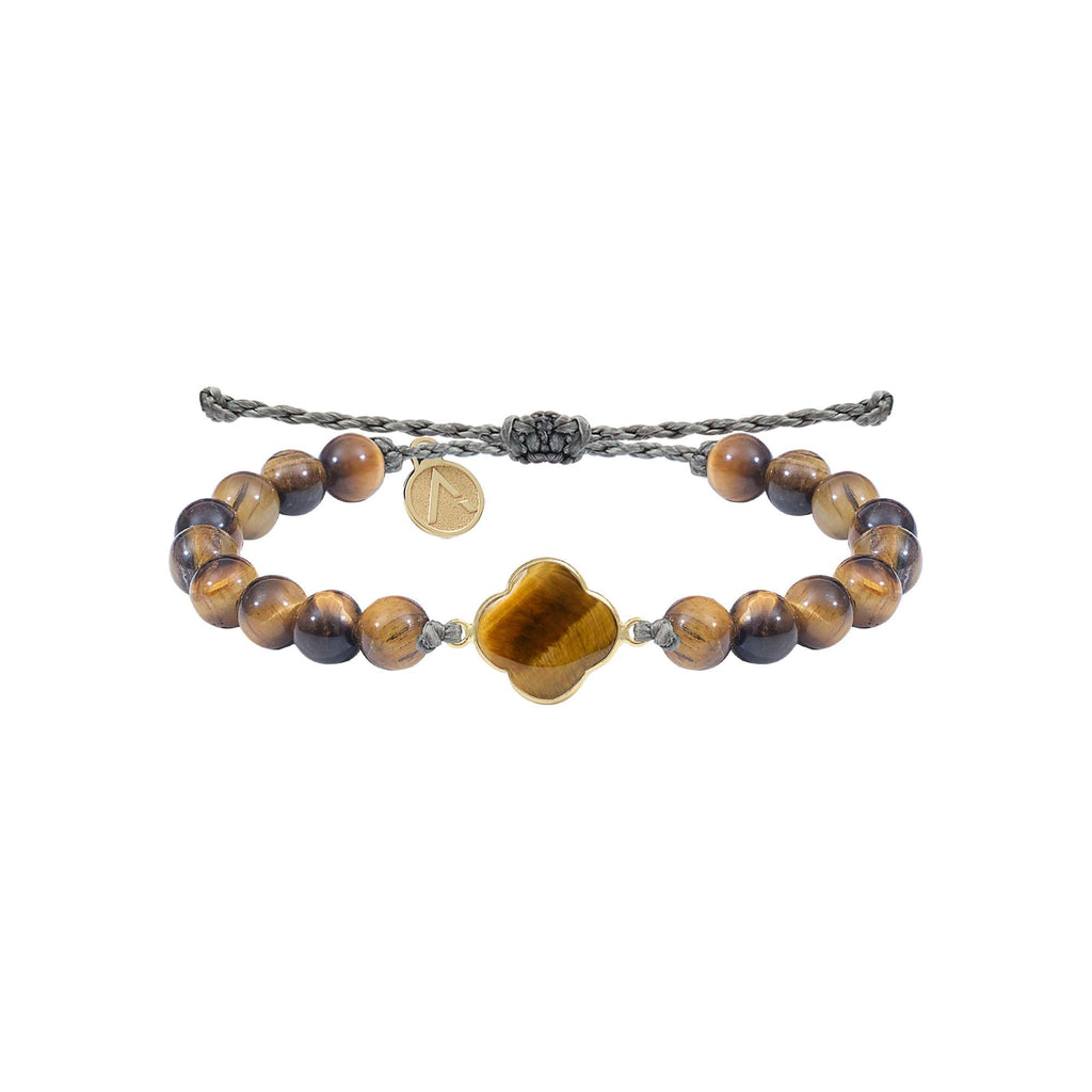 Adjustable bracelet, cross pendant, 9K yellow gold, Tiger's Eye stone, silk thread