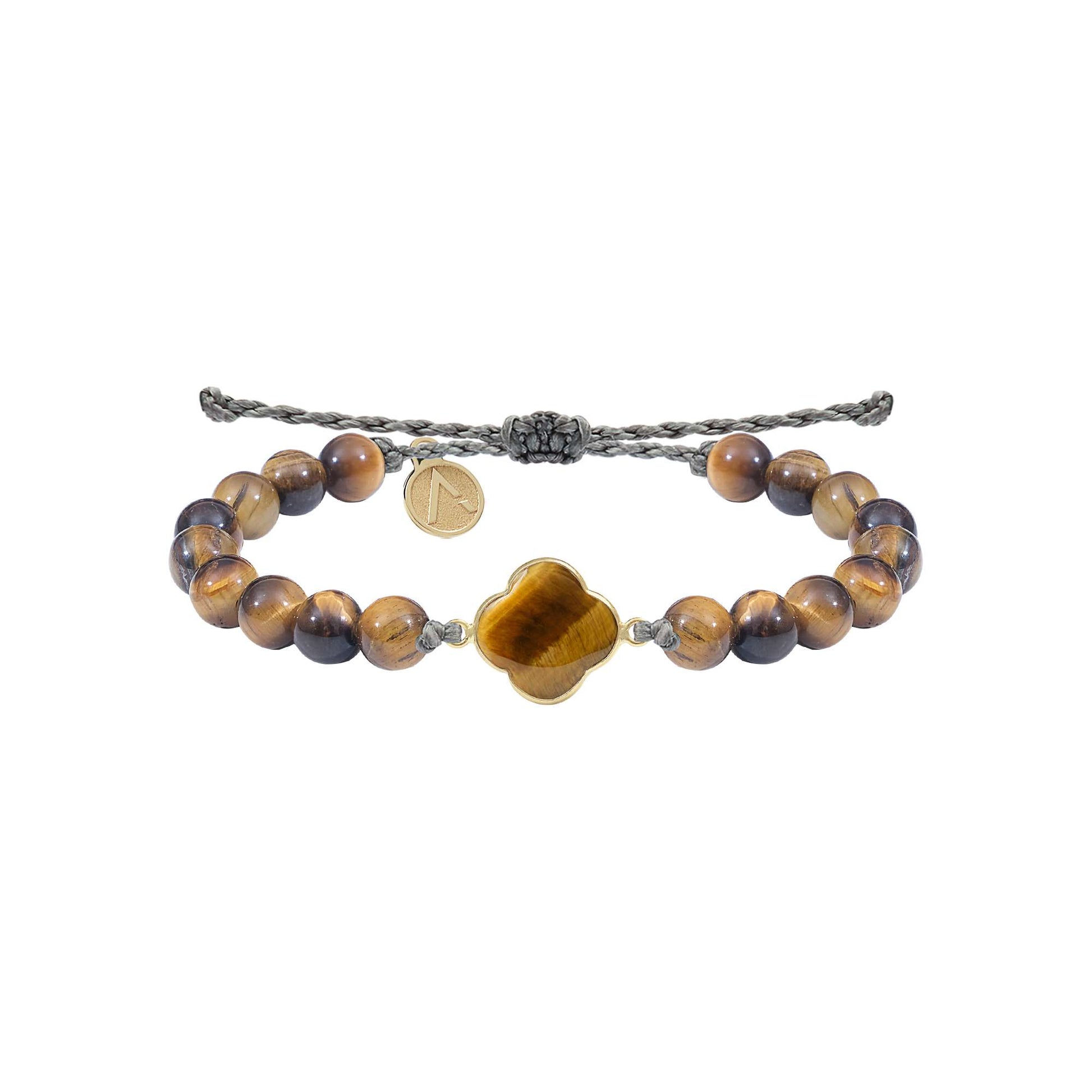 Adjustable bracelet, cross pendant, 9K yellow gold, Tiger's Eye stone, silk thread