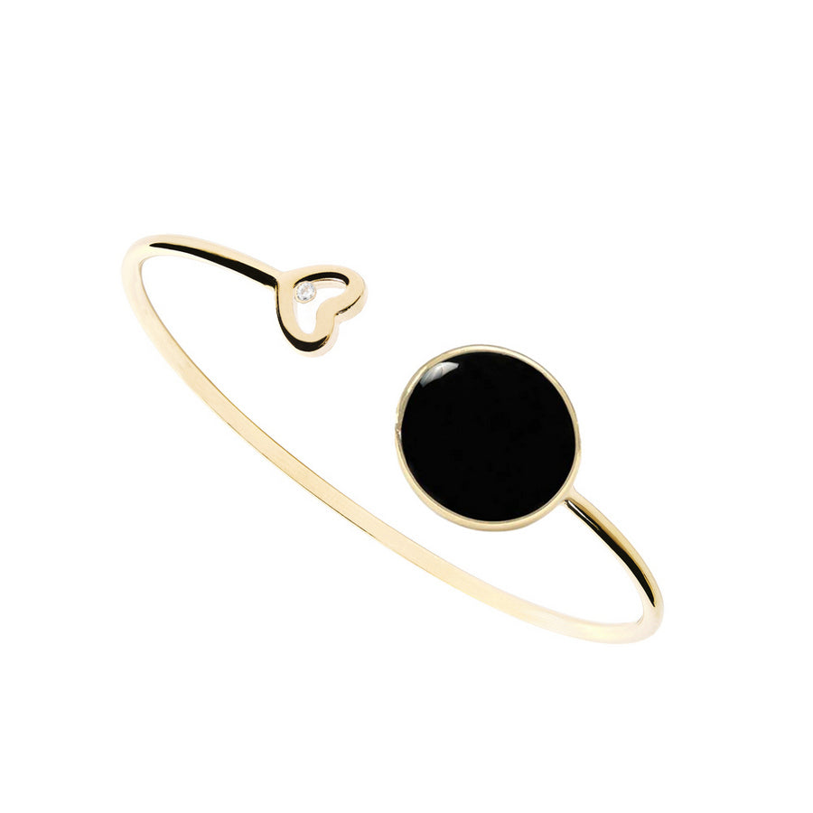 Flexible diamond bracelet, circle pendant, 9K yellow gold, Onyx stone