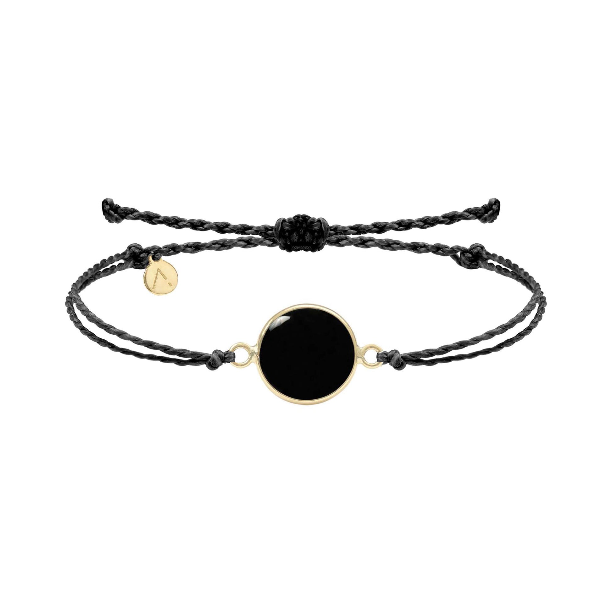 Adjustable bracelet with circle pendant, 9K yellow gold, Onyx stone, black waxed silk thread