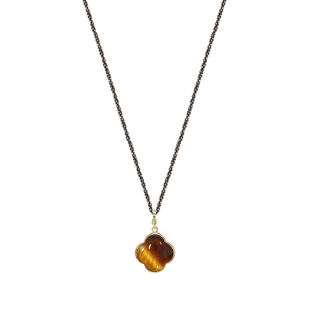 Long black silver chain with diamond and twisted chain with 9k gold cross pendant, Tiger's Eye stone 