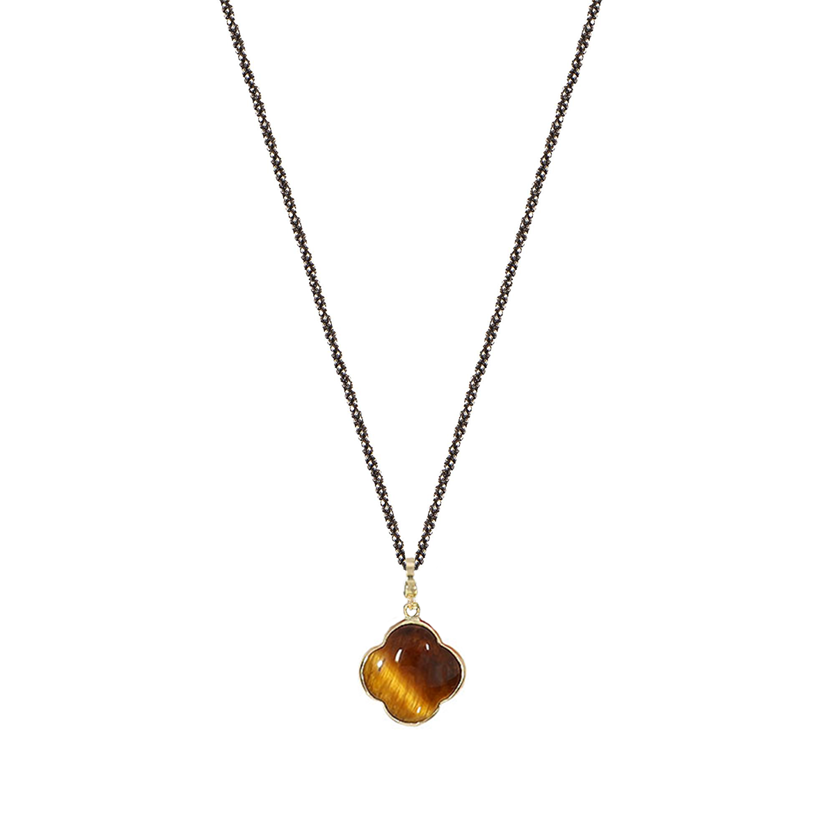 Long black silver chain with diamond and twisted chain with 9k gold cross pendant, Tiger's Eye stone 