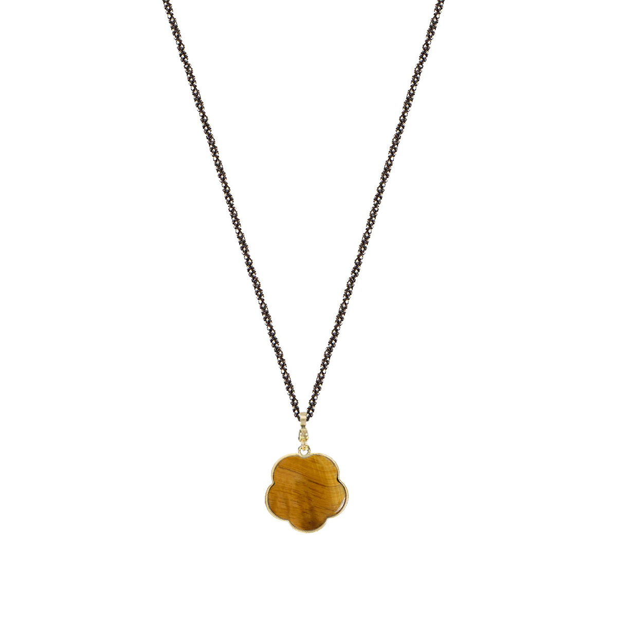 Long black silver chain with diamond and twisted chain with 9k gold flower pendant, Tiger's Eye stone 