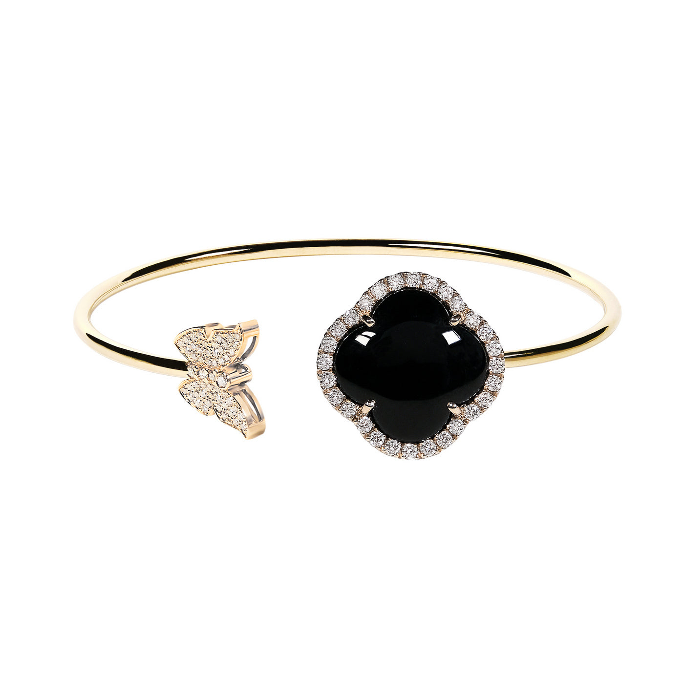 Flexible diamond bracelet, flower pendant, 18K yellow gold, Onyx stone