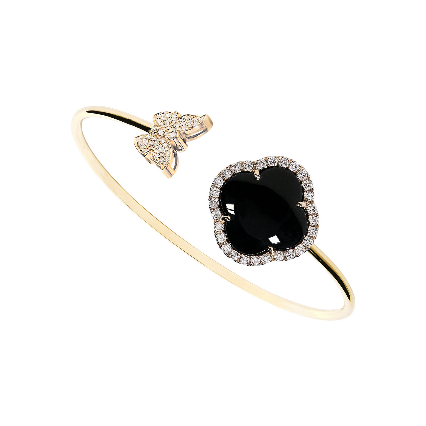 Flexible diamond bracelet, flower pendant, 18K yellow gold, Onyx stone