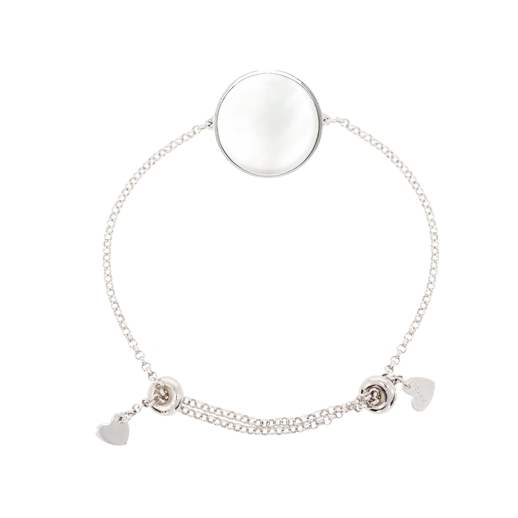 Adjustable bracelet with circle pendant, 316L medical stainless steel, Madre Perla stone