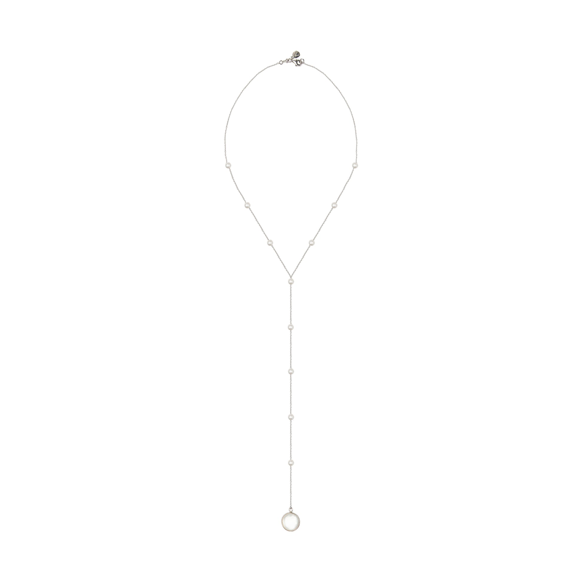 Long chain with pendant, 14K white gold, Madre Perla stone and Pearls 
