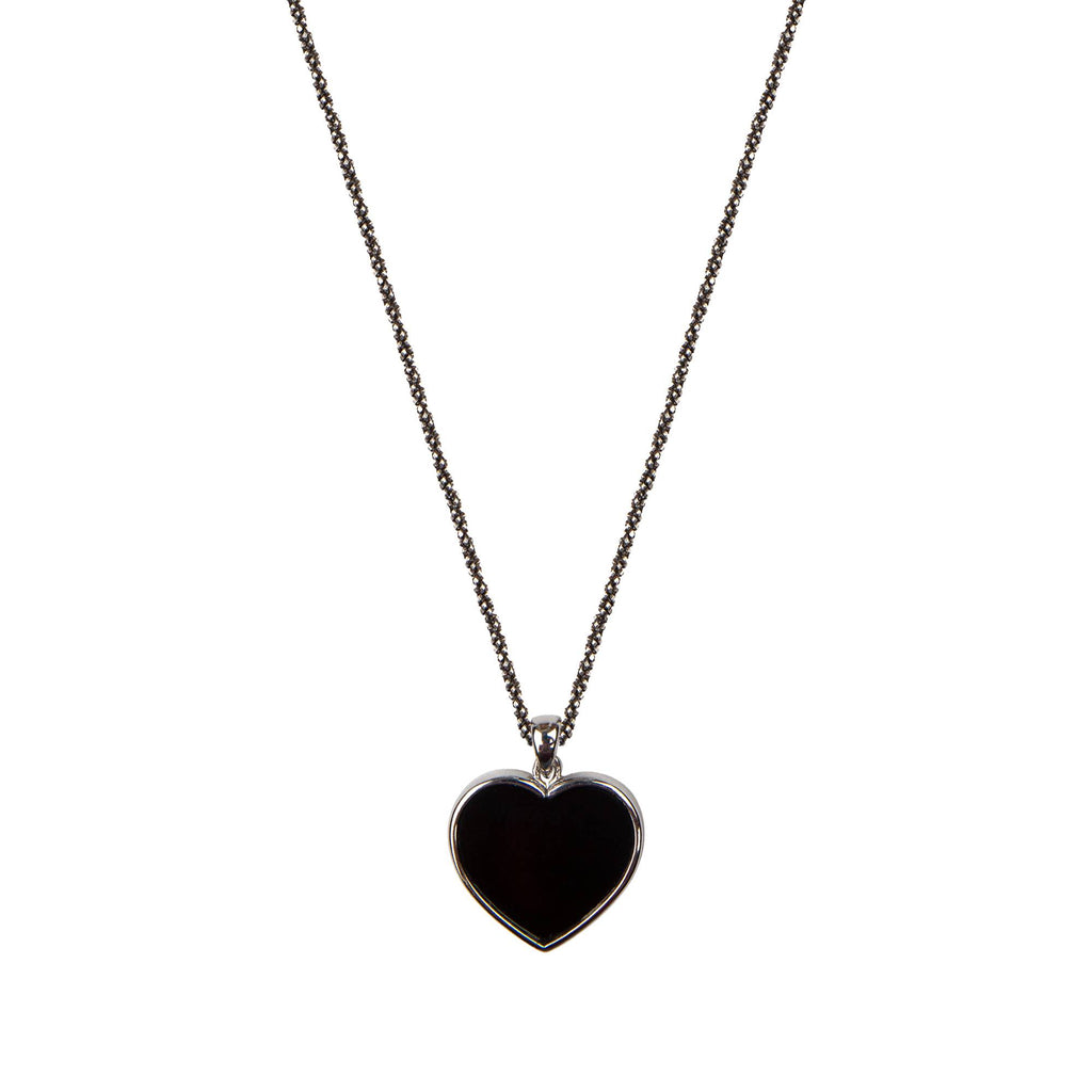 Long black silver chain with twisted diamond and silver heart pendant, Onyx stone