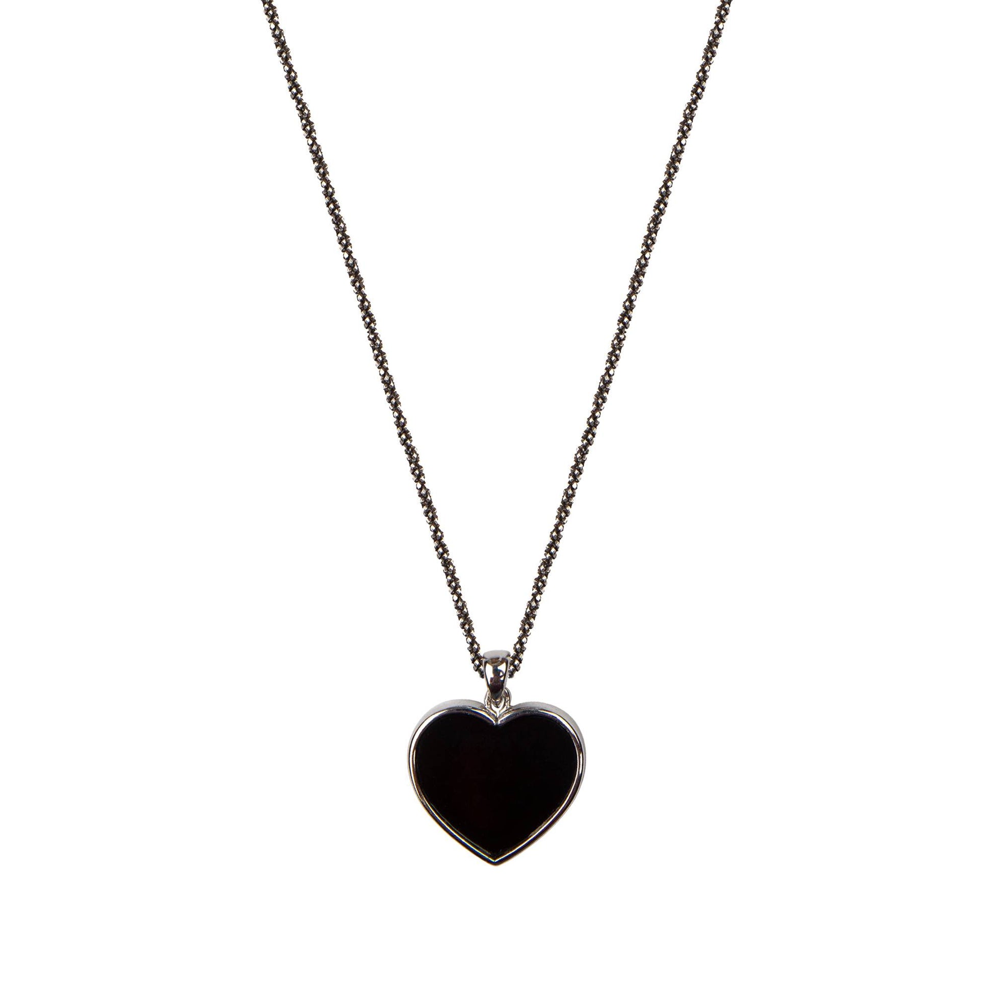 Long black silver chain with twisted diamond and silver heart pendant, Onyx stone