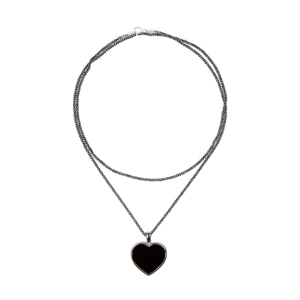 Long black silver chain with twisted diamond and silver heart pendant, Onyx stone