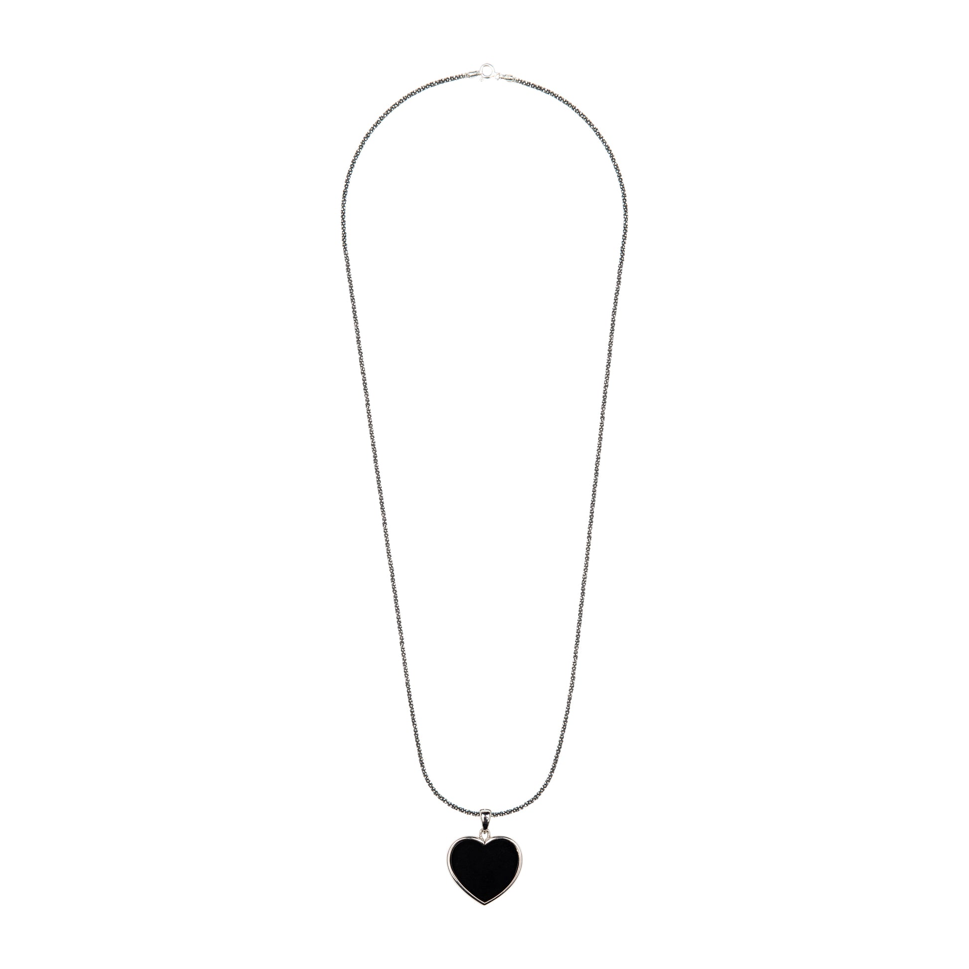 Long black silver chain with twisted diamond and silver heart pendant, Onyx stone