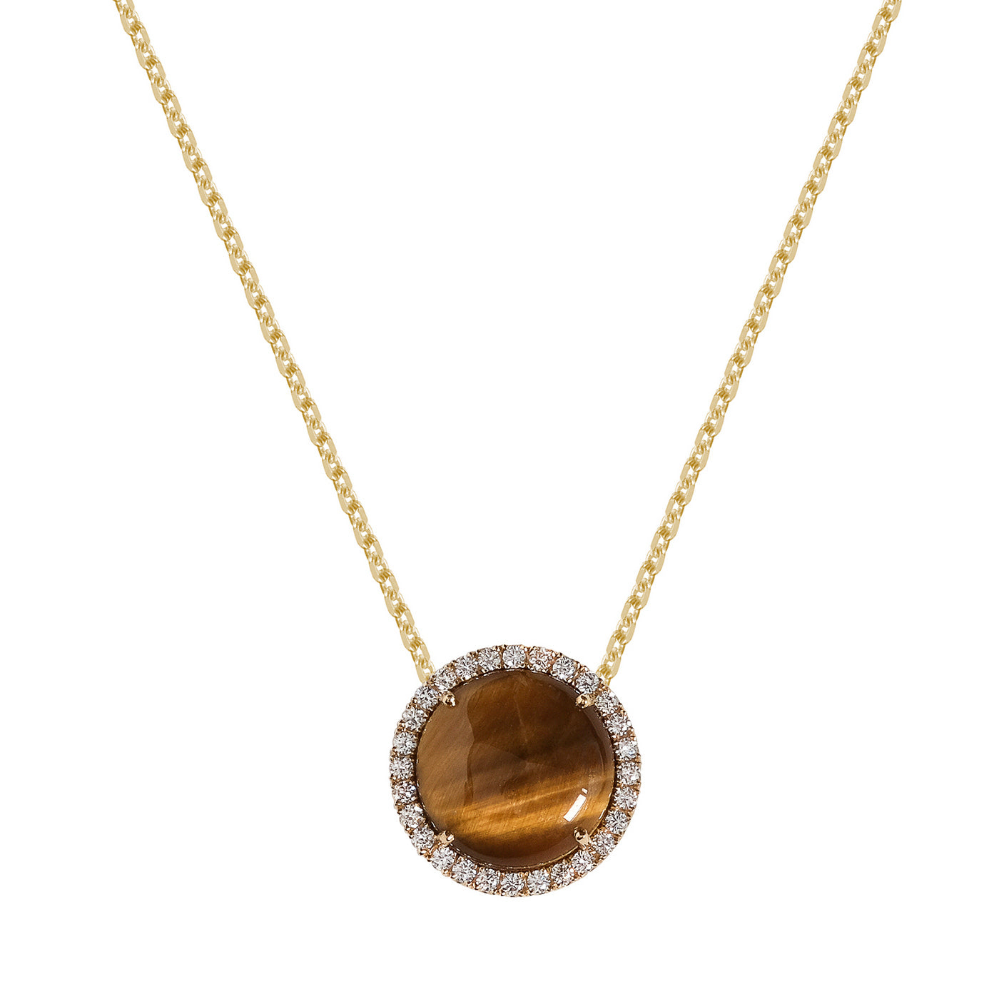 Diamond necklace, circle pendant, 18K yellow gold, Tiger's Eye stone 