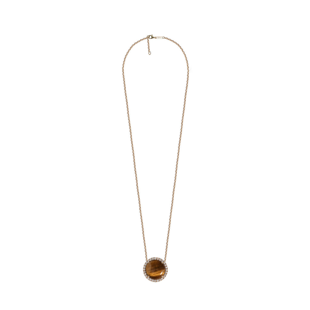 Diamond necklace, circle pendant, 18K yellow gold, Tiger's Eye stone 