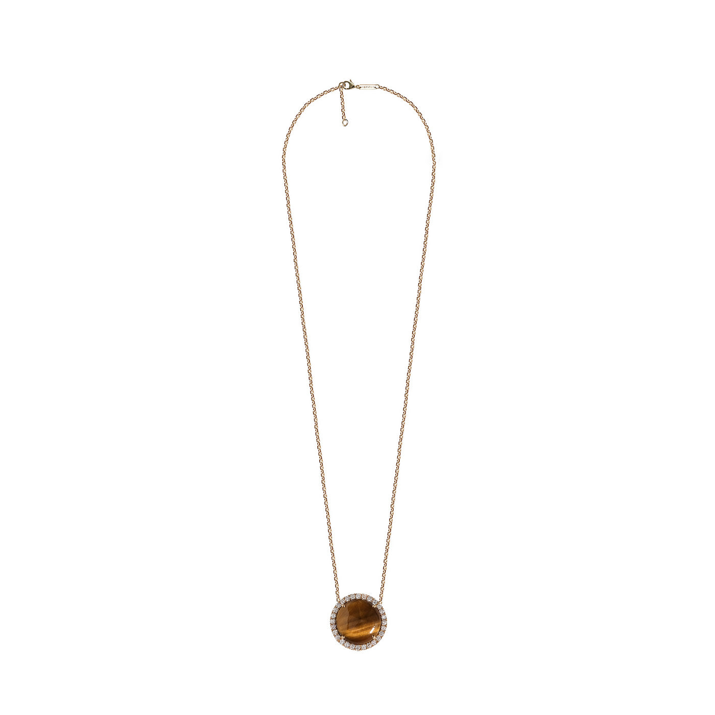 Diamond necklace, circle pendant, 18K yellow gold, Tiger's Eye stone 