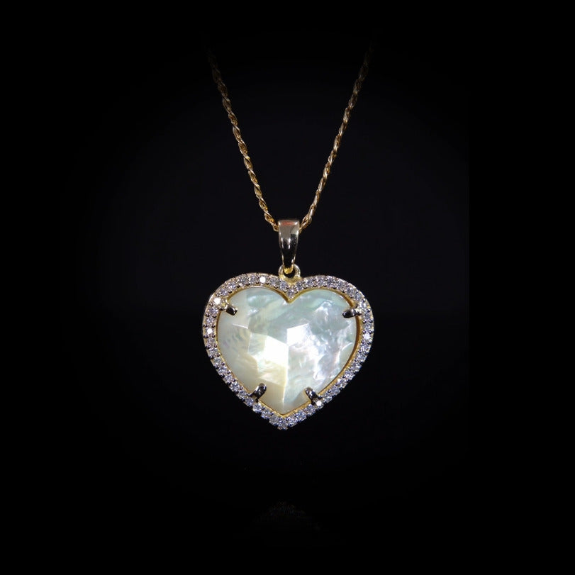 Diamond necklace, heart pendant, 14K yellow gold, Madre Perla stone 